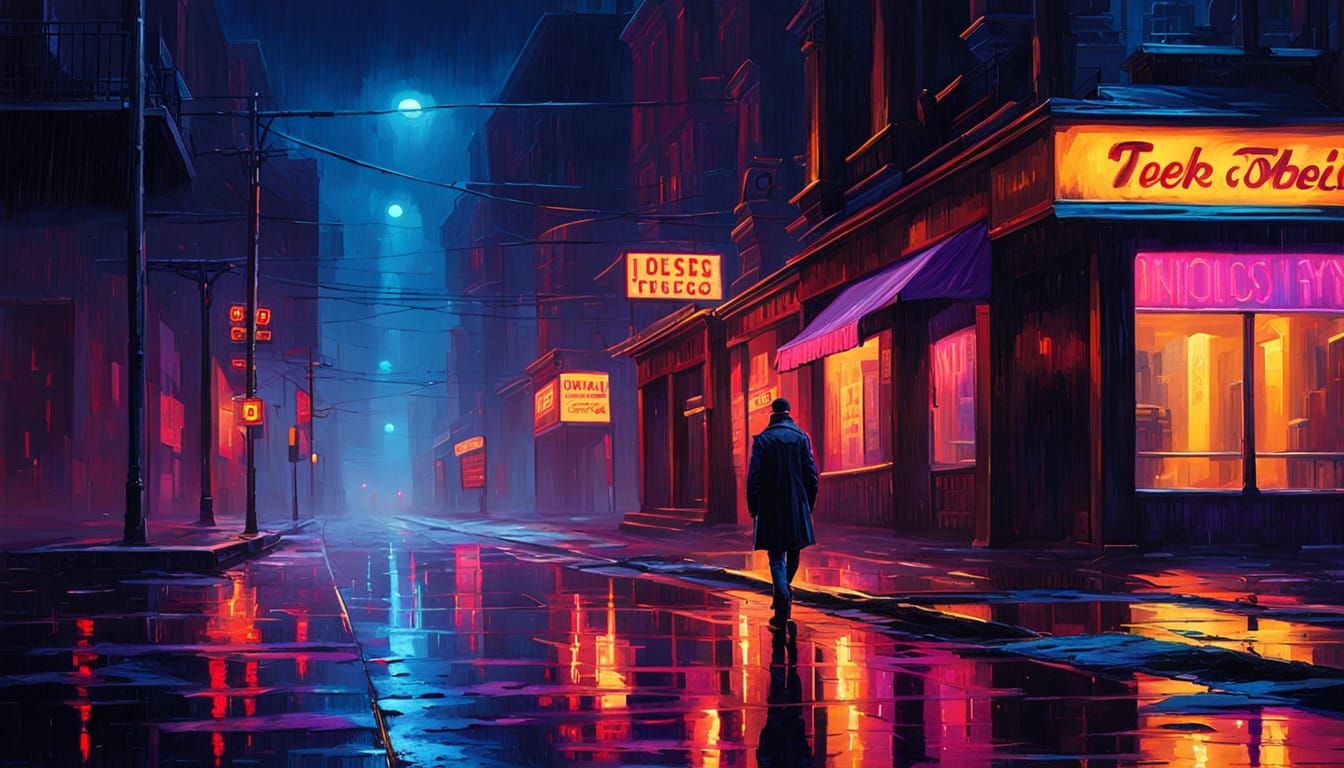 Lonely City Street at Night Oil Painting