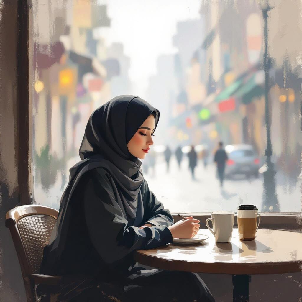 Serene Hijabi Woman in Minimalist Cafe Painting