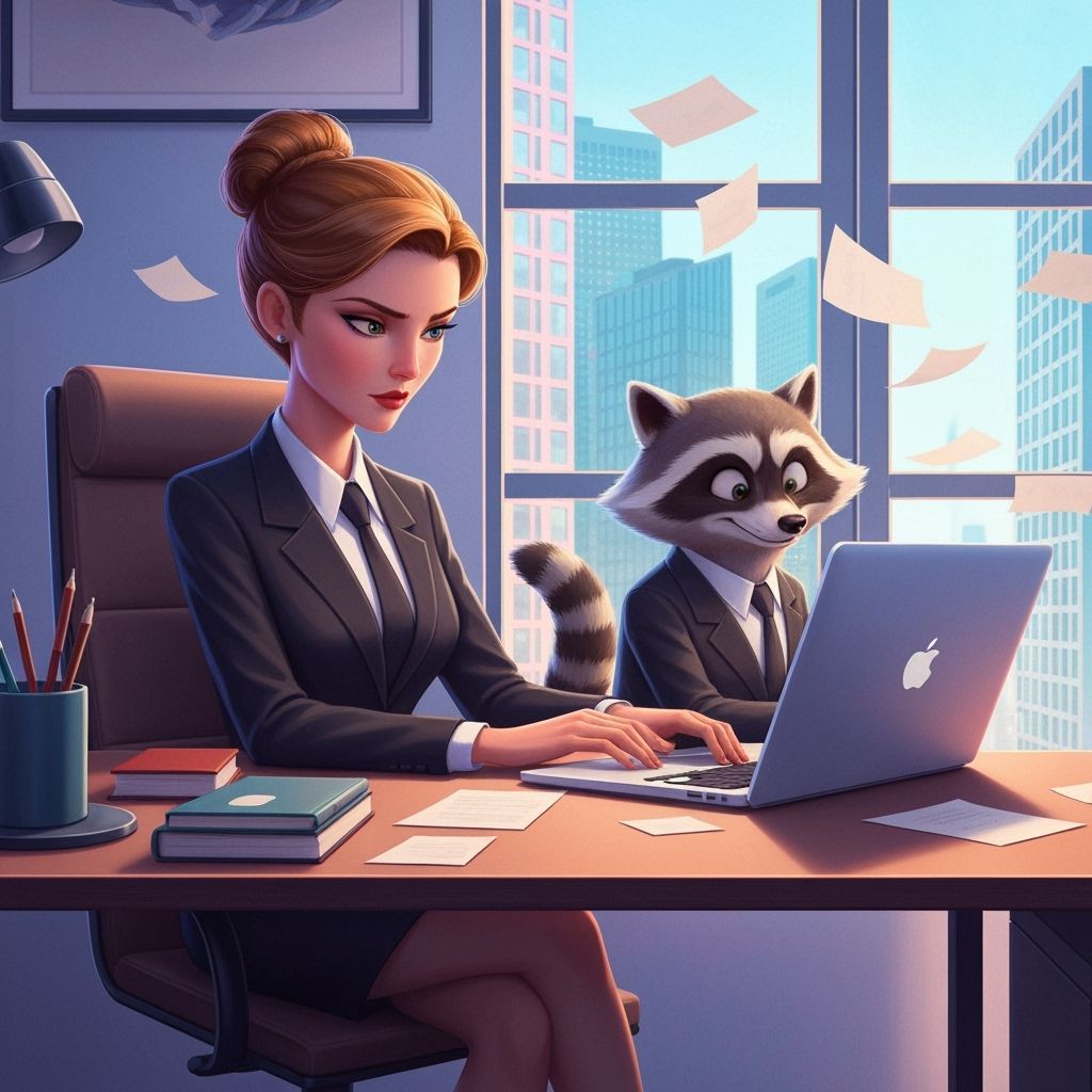 Businesswoman and Raccoon in Office Chaos
