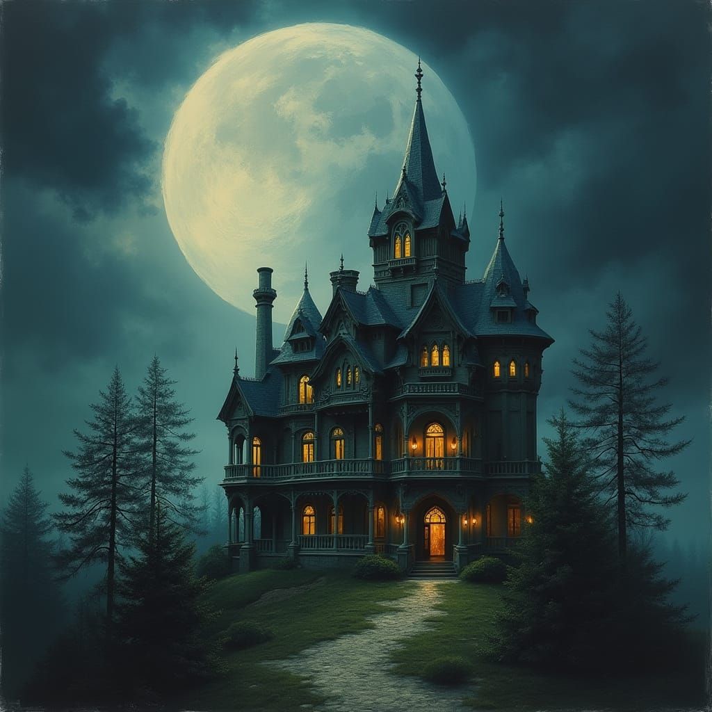 Surreal Mansion Illuminated by Luminous Moon in a Dark, Stor...