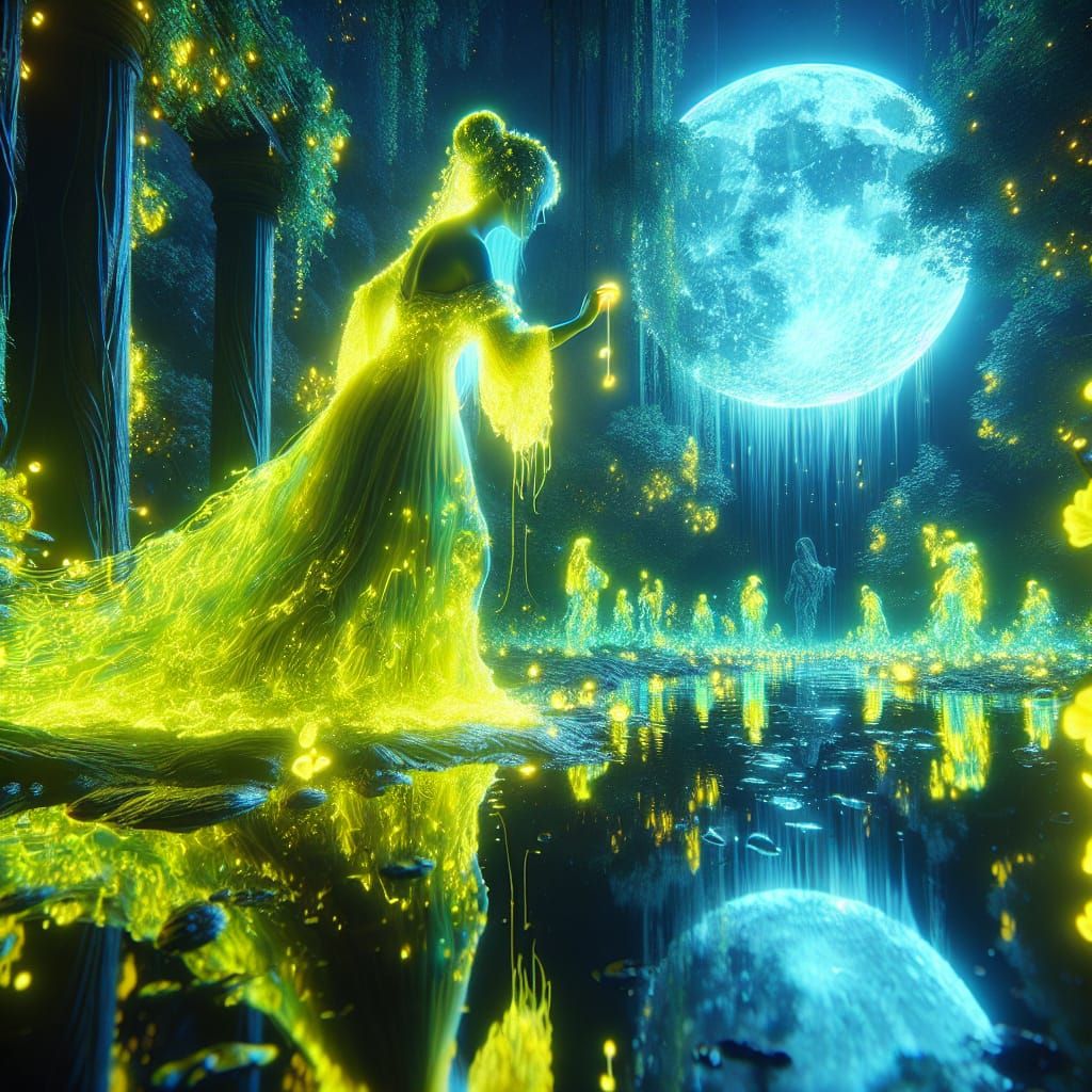 Bioluminescent Moon Goddess in Glowing Forest