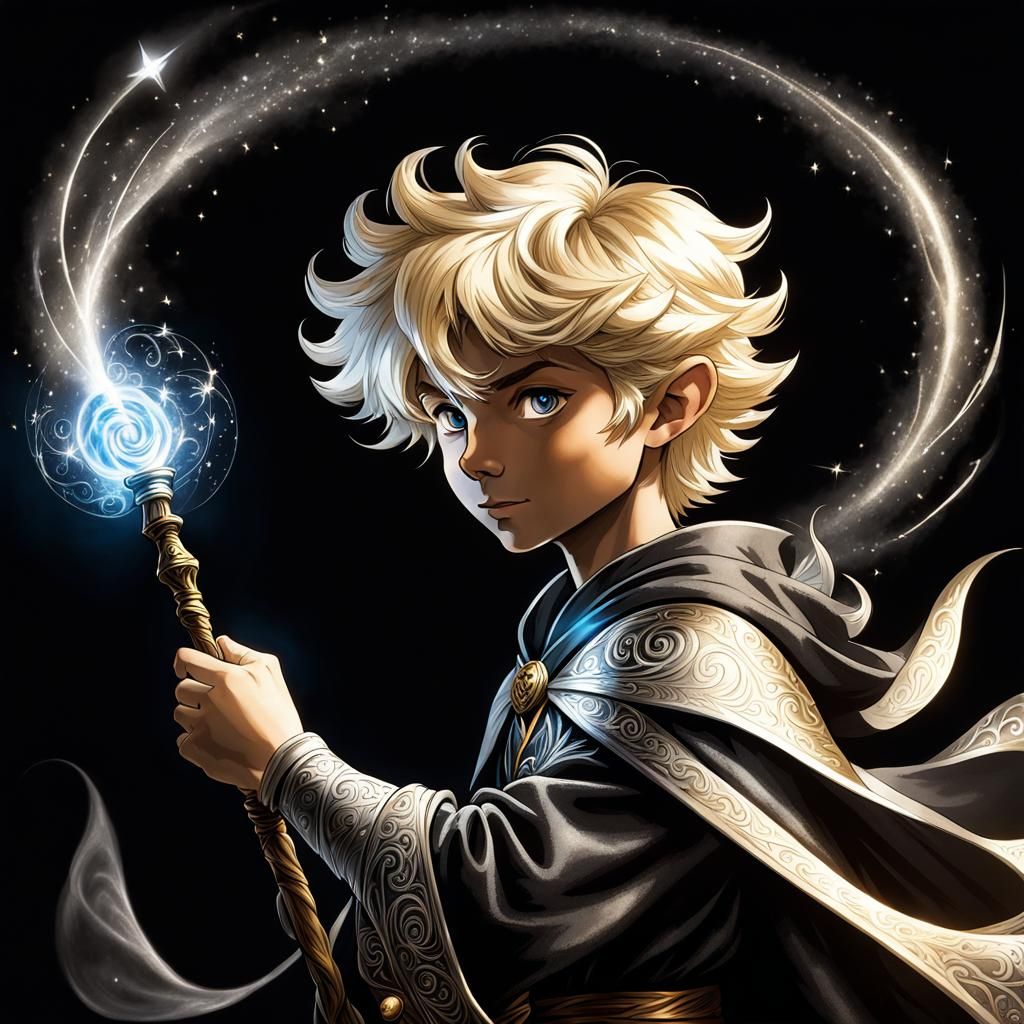 Blond Wizard with Wand in Chiaroscuro Anime Style