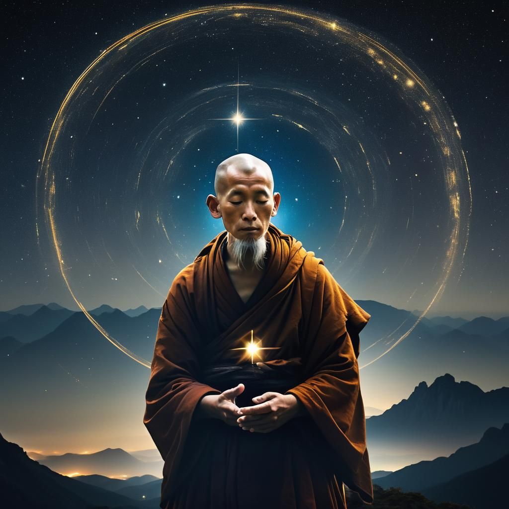 Monk's Cosmic Contemplation: Ethereal Glitch Art Portrait