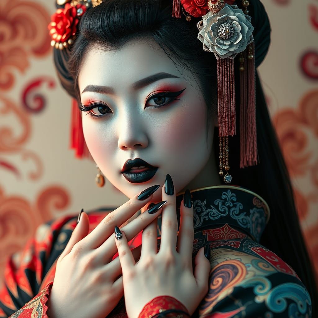 Futuristic Geisha with Goth Makeup, Hyperrealistic Art
