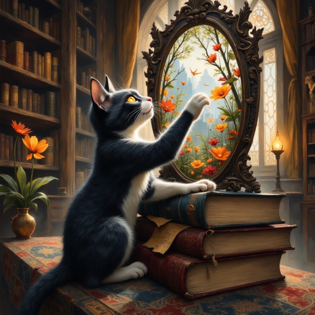Mischievous Cat Batting at Alien Portal in Cozy Library