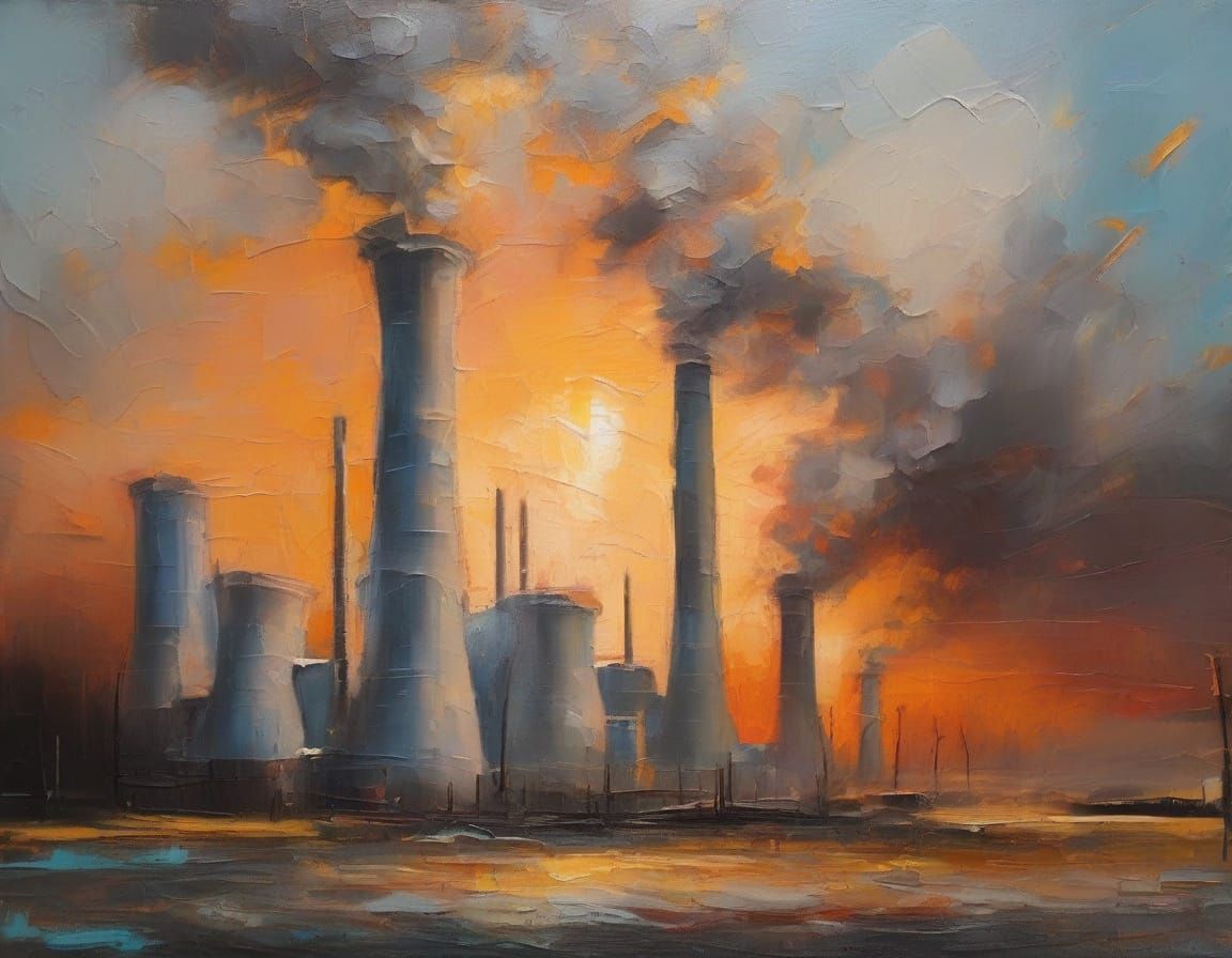 Power Plant with Electric Arcs: Impasto Oil Painting