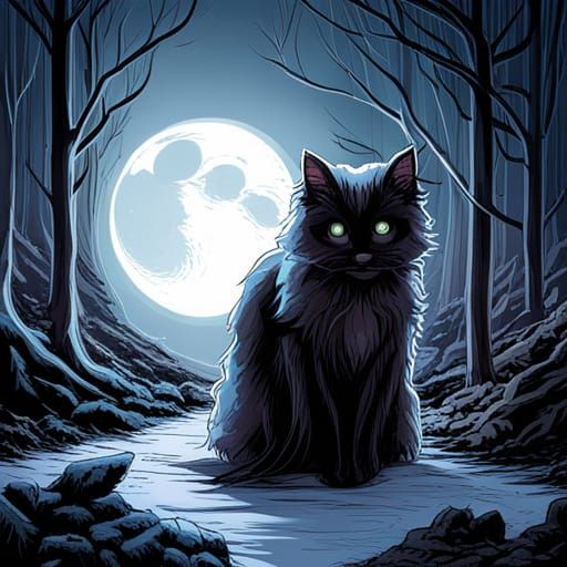 Cute Black Cat and Witch in Forest, Comic Art