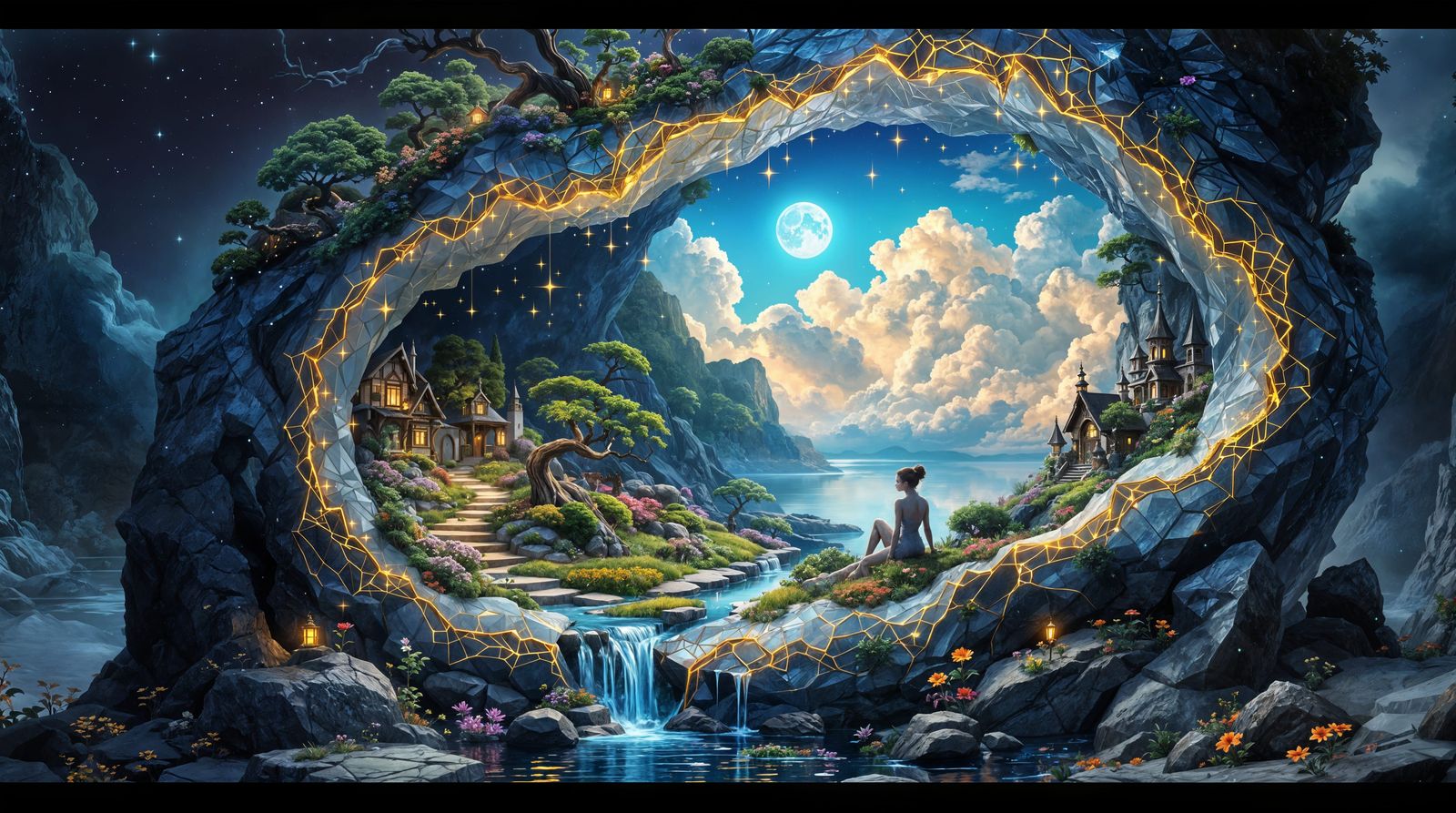 Surreal Fantasy Geode Oasis in Dreamy Cloudscape