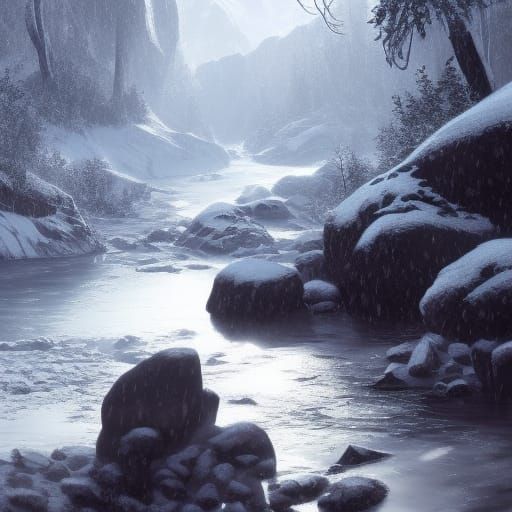 Snowy River Scene with Girl in White Gown