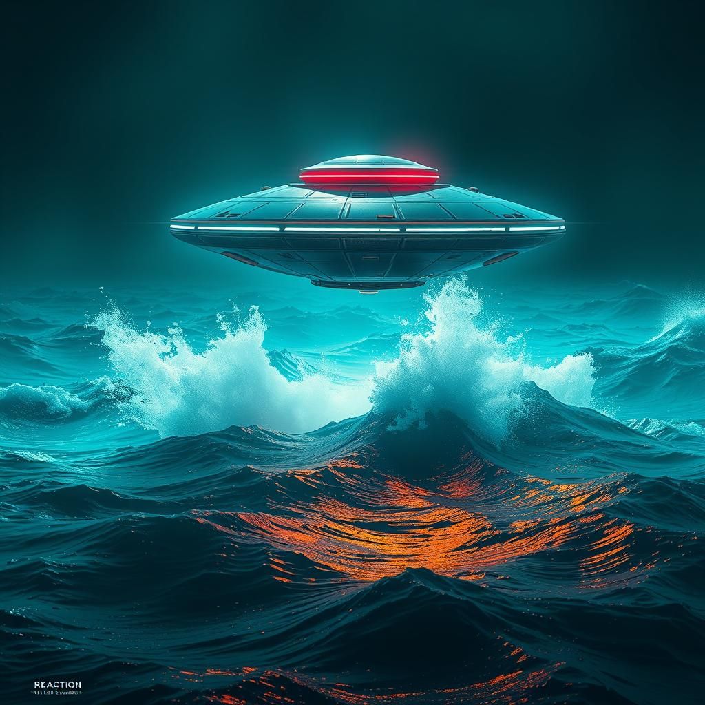 Futuristic UFO Emerges from Turquoise Sea in Chromatic Style
