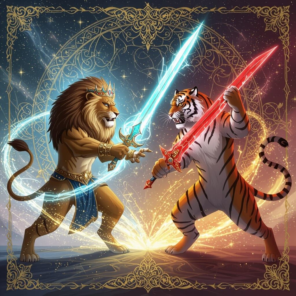 Lion vs Tiger Cosmic Duel in Fantasy Art