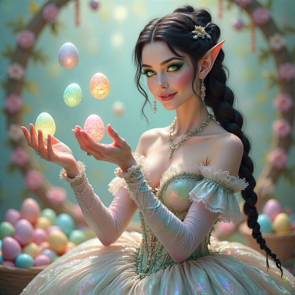 Ethereal Elven Goddess Juggles Iridescent Easter Eggs in Whi...