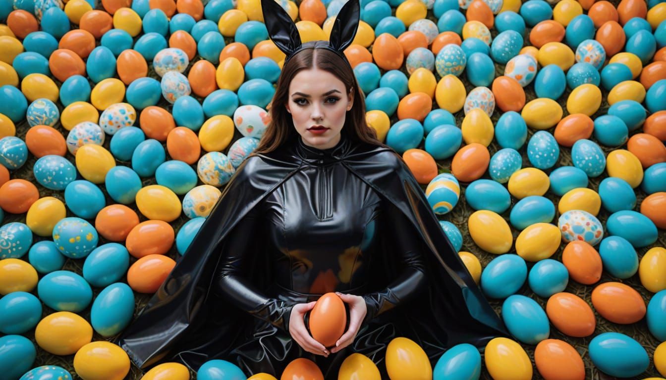 Cyberpunk Woman in Latex Attire Surrounded by Easter Eggs