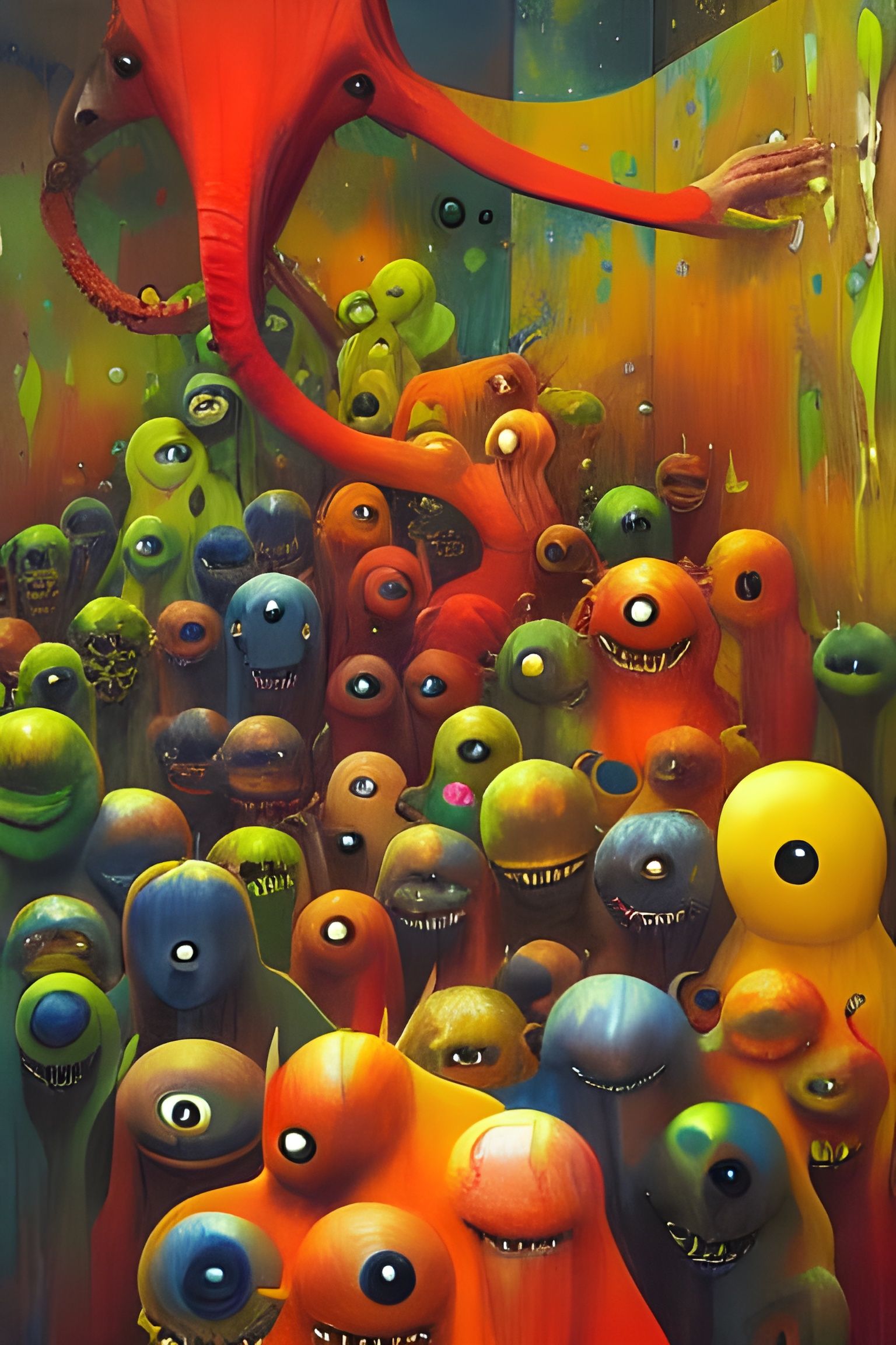 Evil Cute Monsters Hide in Closet: Expressionist Oil