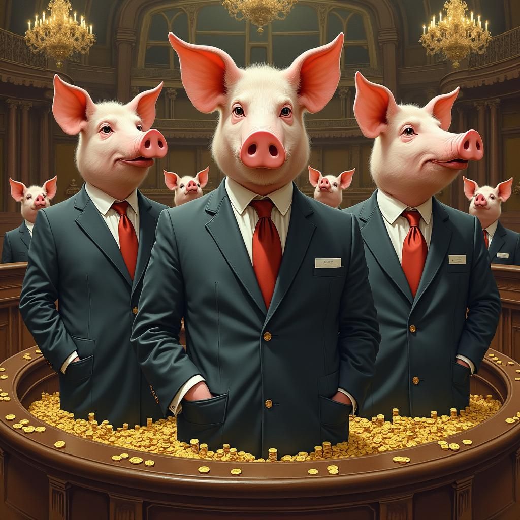 Satirical Politicians with Pig Snouts in Gold Trough