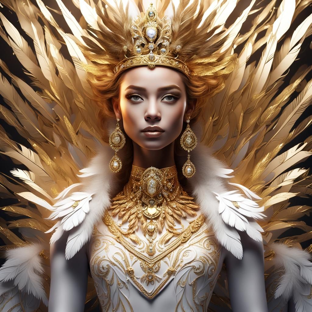 Elegant Girl with Golden Crown in 3D Rendering
