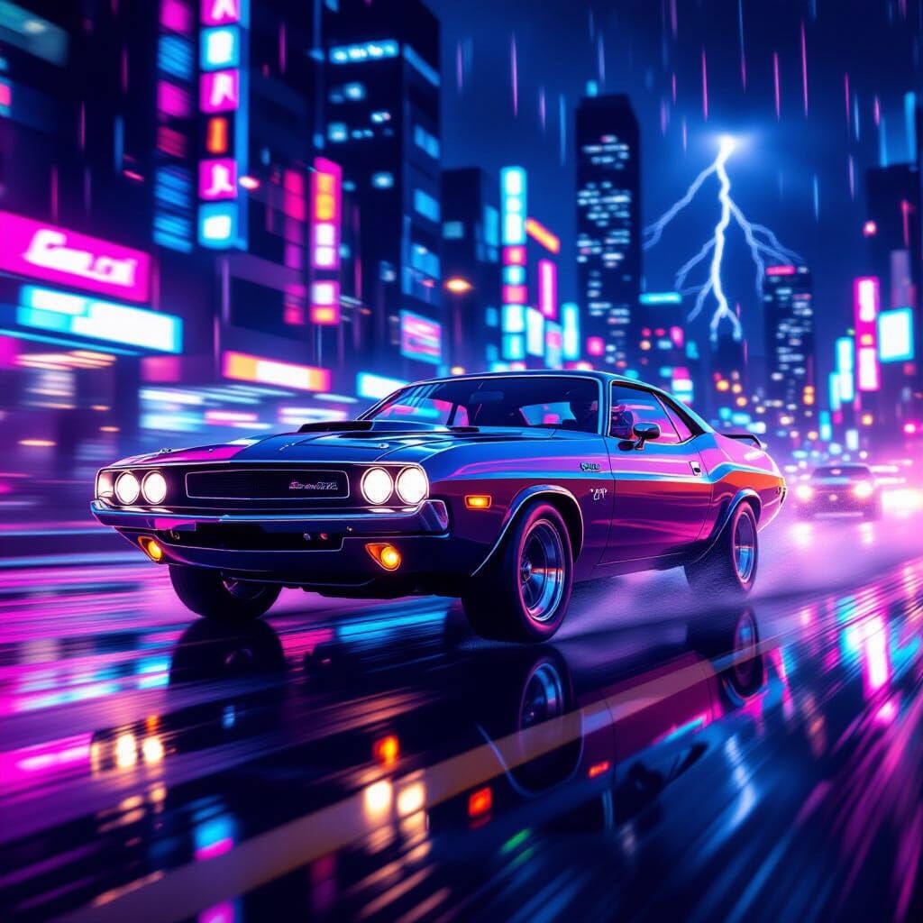 1970s Dodge Challenger Races Through Neon City at Night