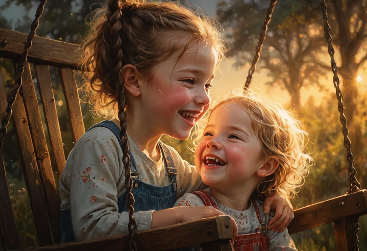 Siblings' Joyful Evening: Hyperrealistic Detailed Art