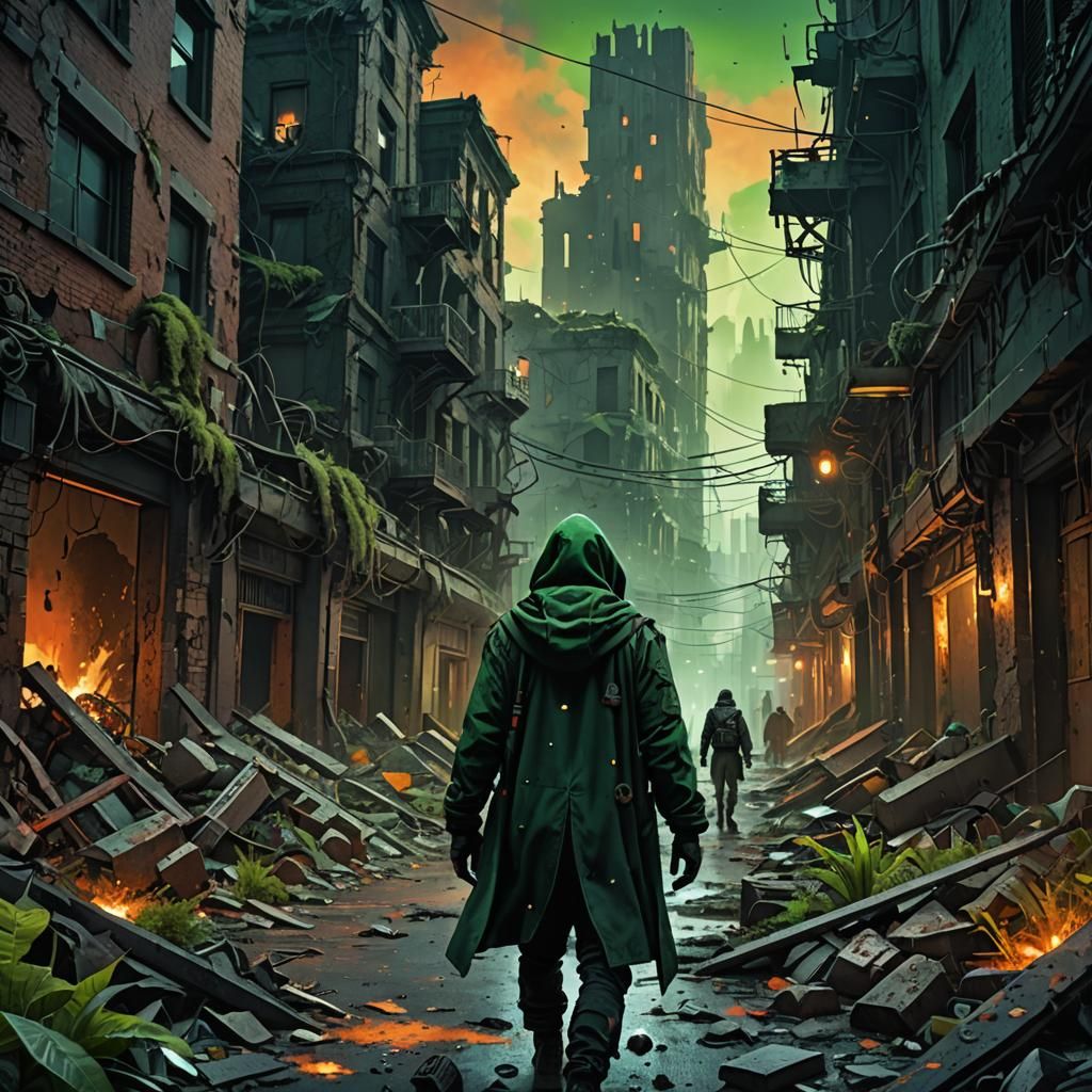 Hooded Figure in Ruined City: Sci-Fi Concept Art
