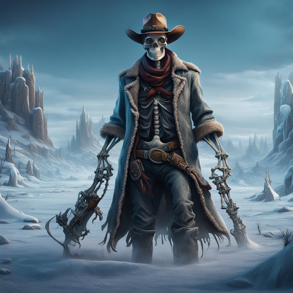 Skeleton Cowboy in Frozen Wasteland: Detailed Matte Painting