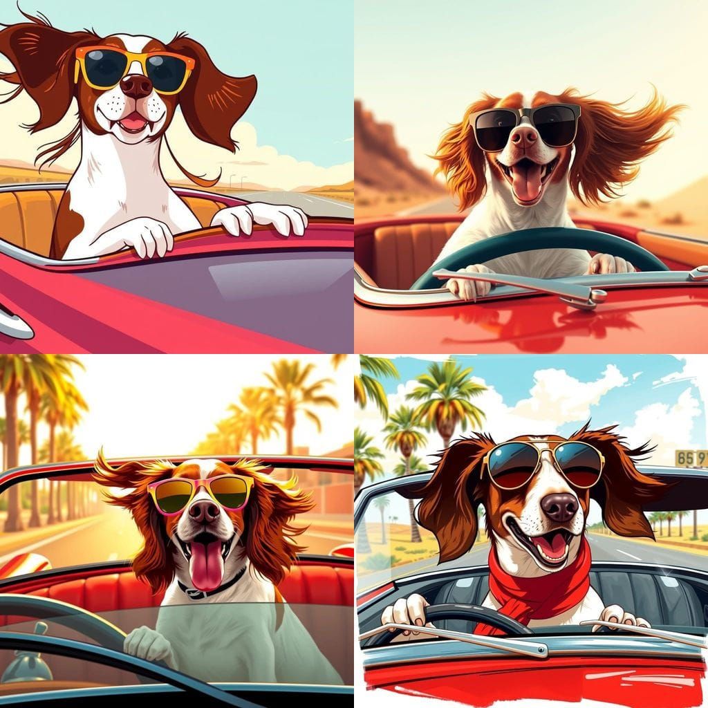 Happy Brittany Spaniel Cruises in Convertible on Sunny Day
