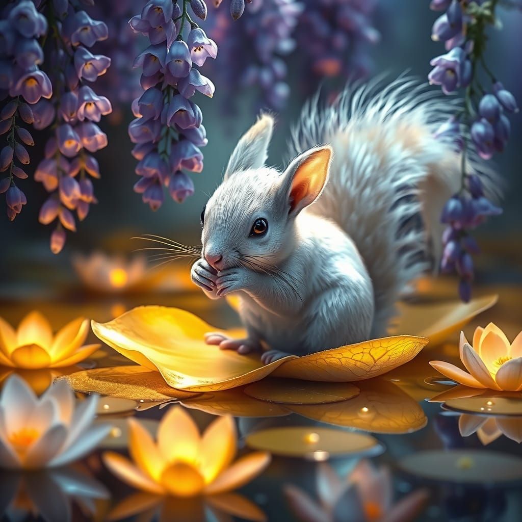 Squirrel Fairy with Wisteria in Ethereal Lighting