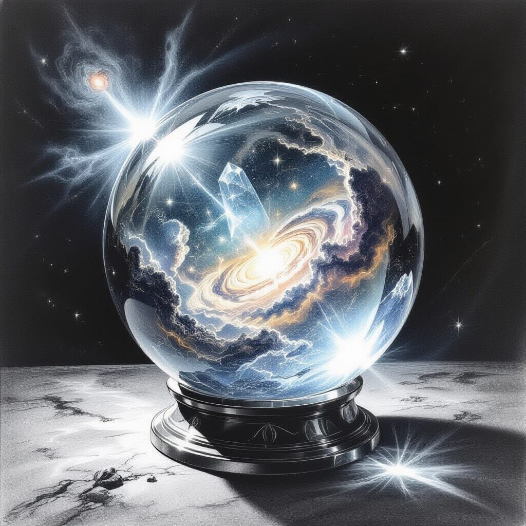 Ethereal Crystal Ball with Cosmic Depths, Charcoal Drawing
