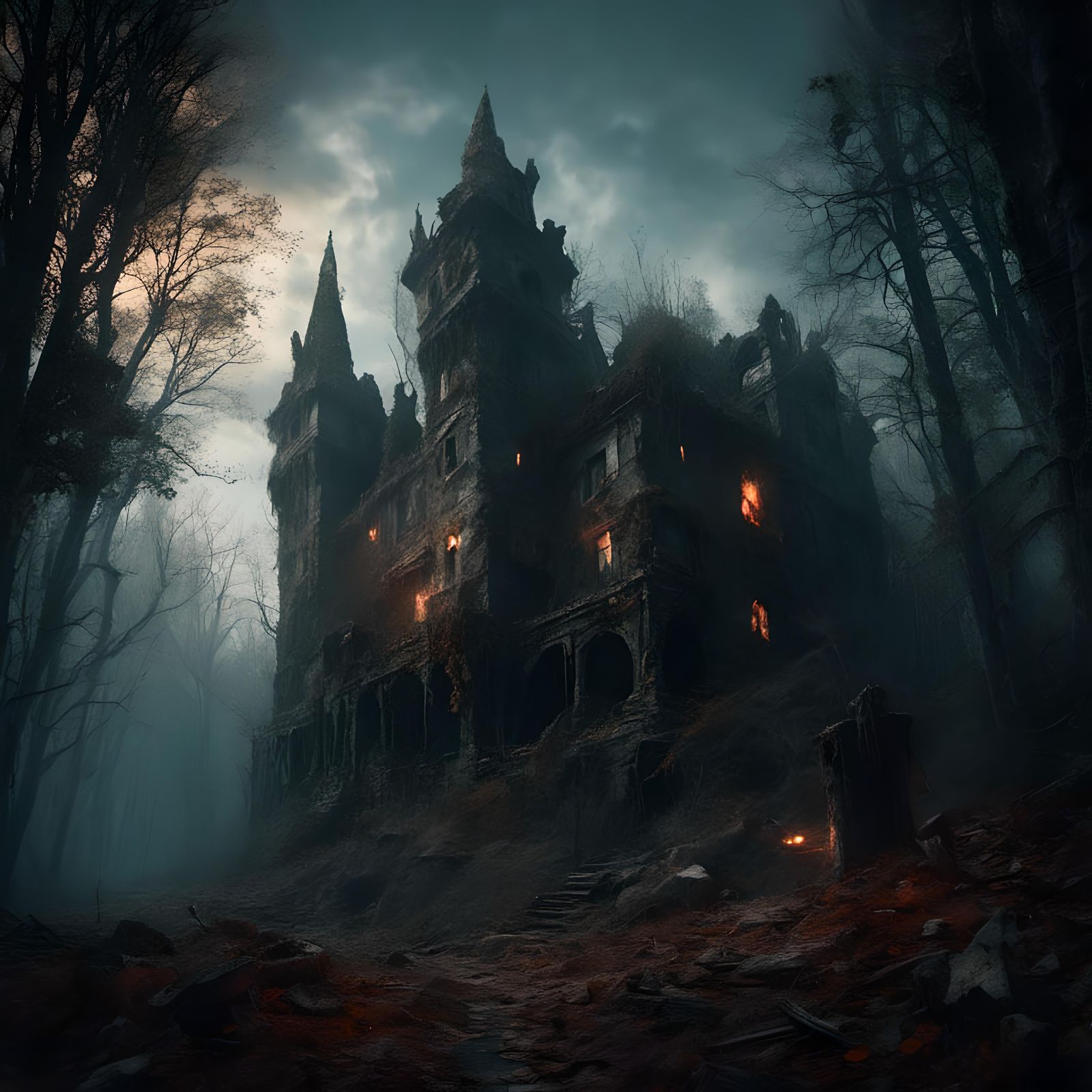 Dark Fantasy Castle in Overgrown Forest Concept Art