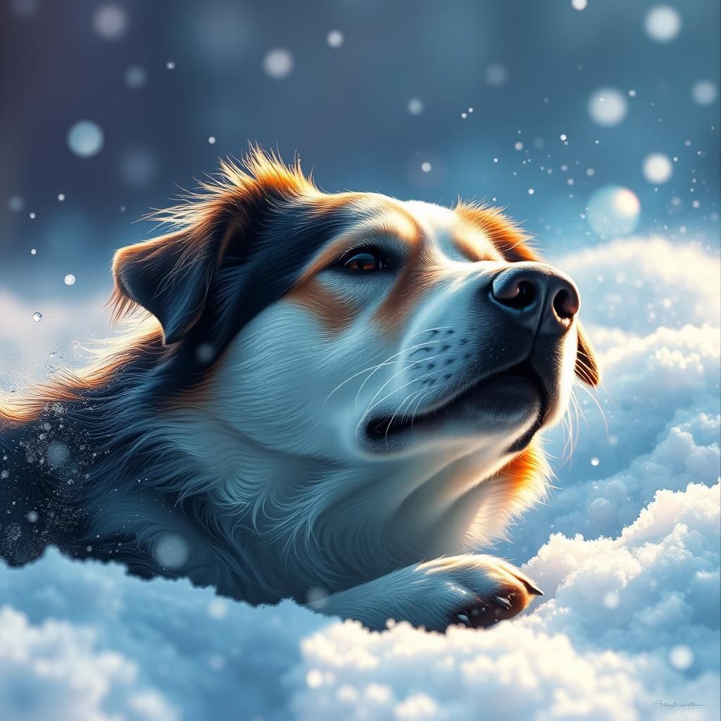 Hyperrealistic Dog Purring in Snow: Splash Art