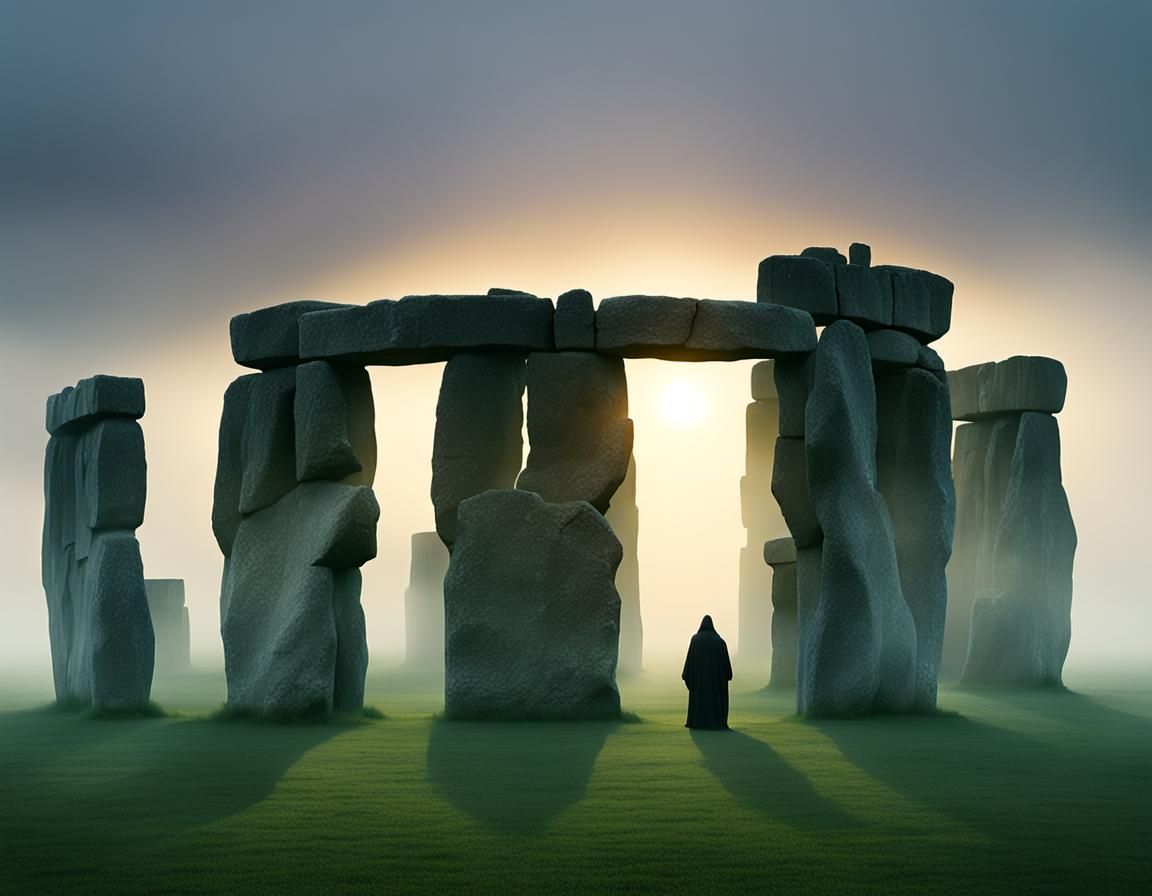 Stonehenge Sunrise with Cloaked Figure in Fog