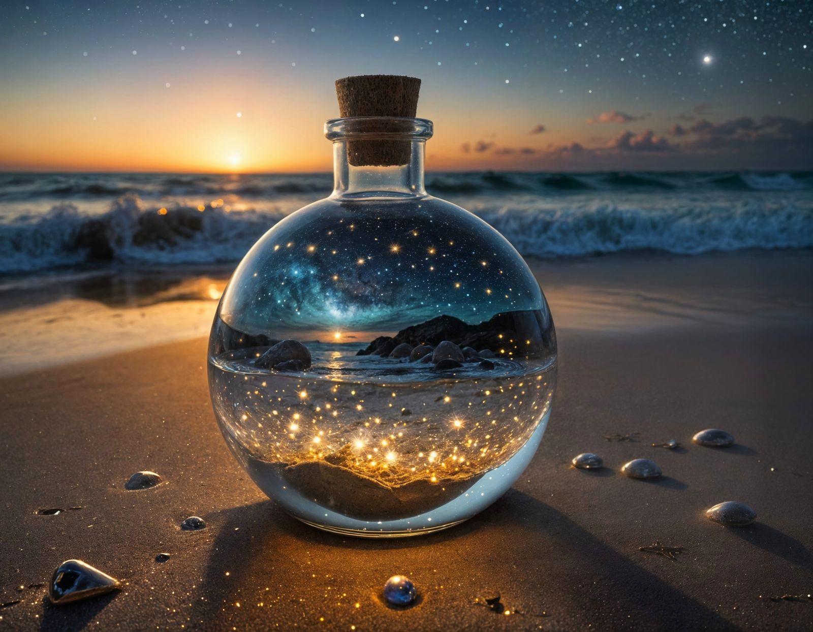 A transparent bottle lying gently on the sand beach with star sky