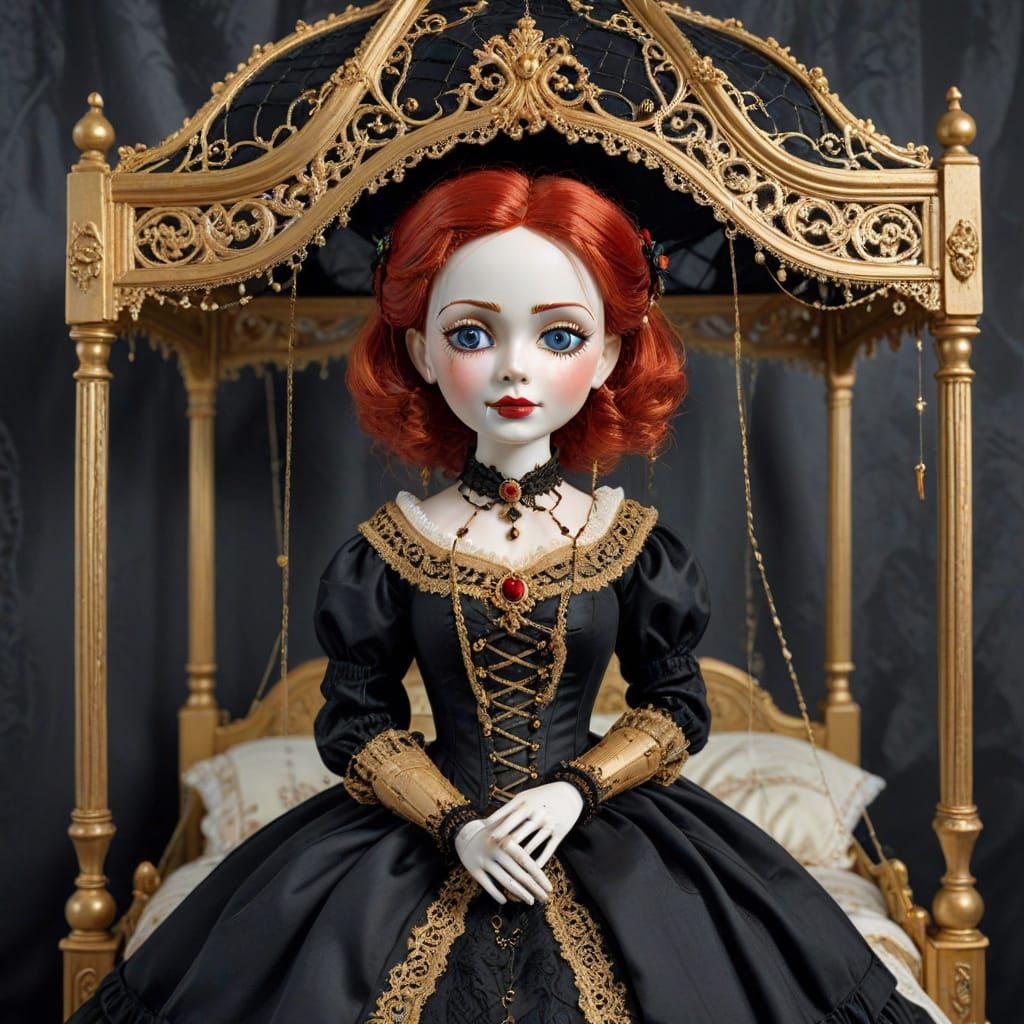 Victorian Porcelain Doll Marionette in Ornate Bedroom