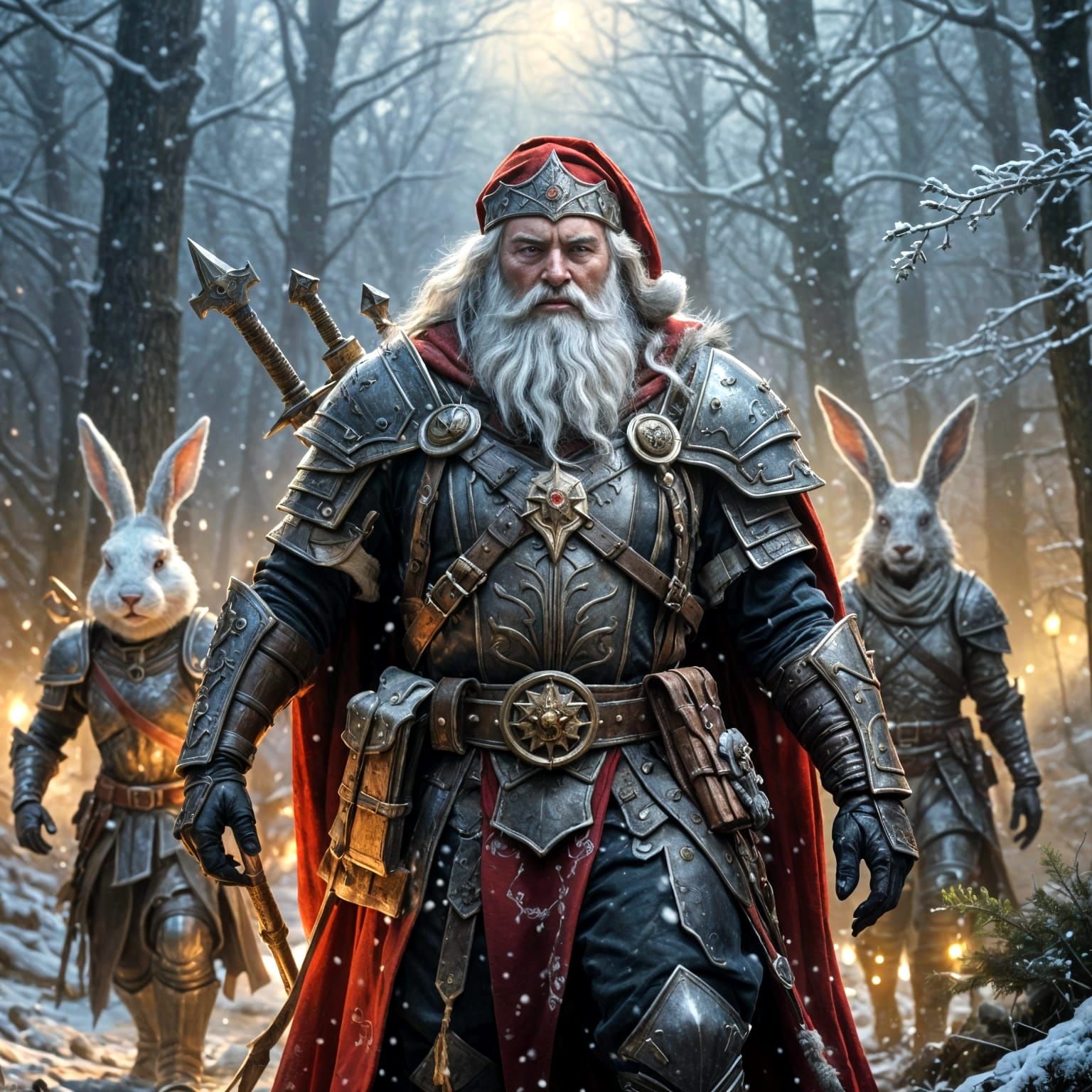 Medieval Santa in Armor with Elves in Snowy Forest