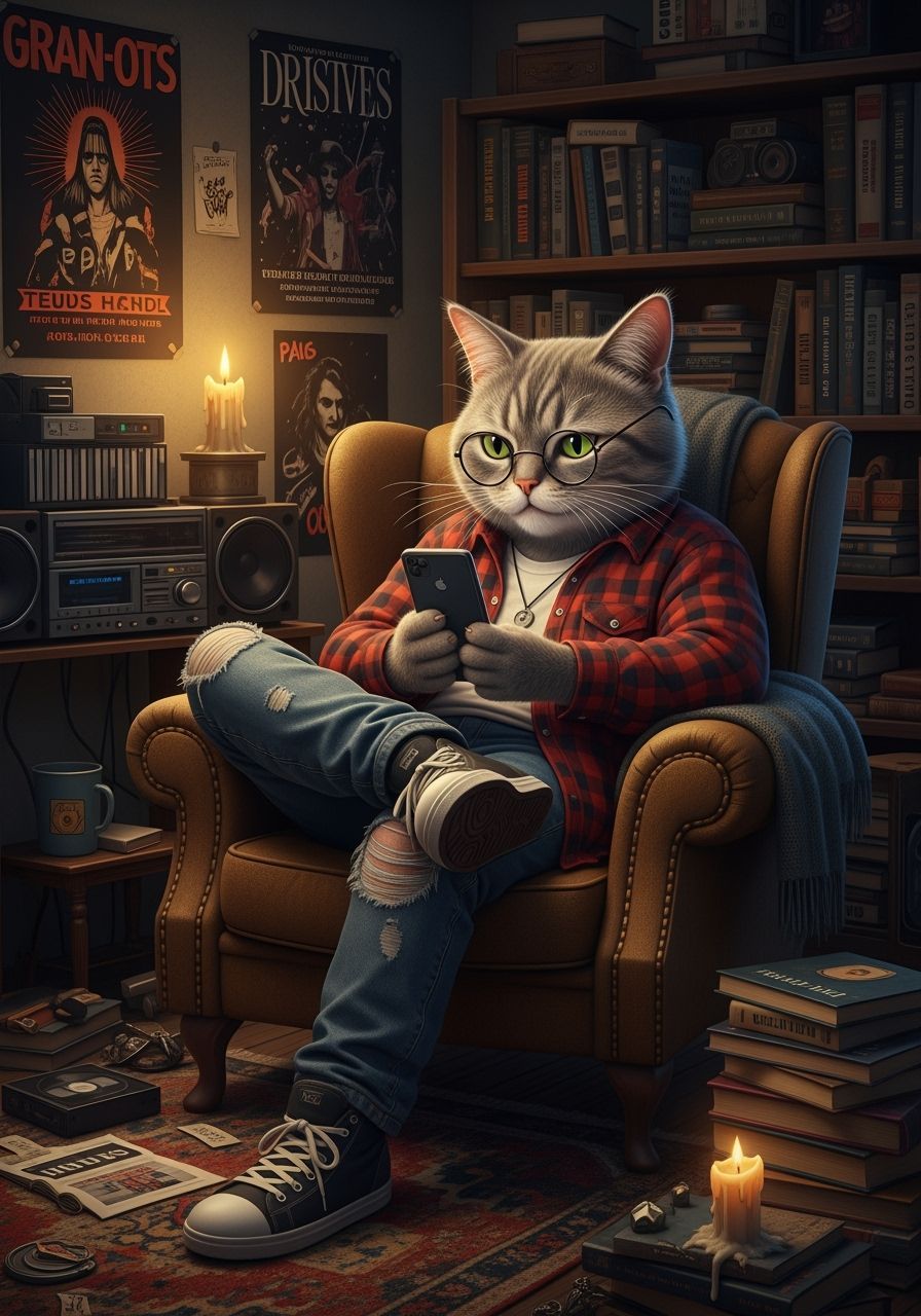 Generation X Cat in Dimly Lit Room