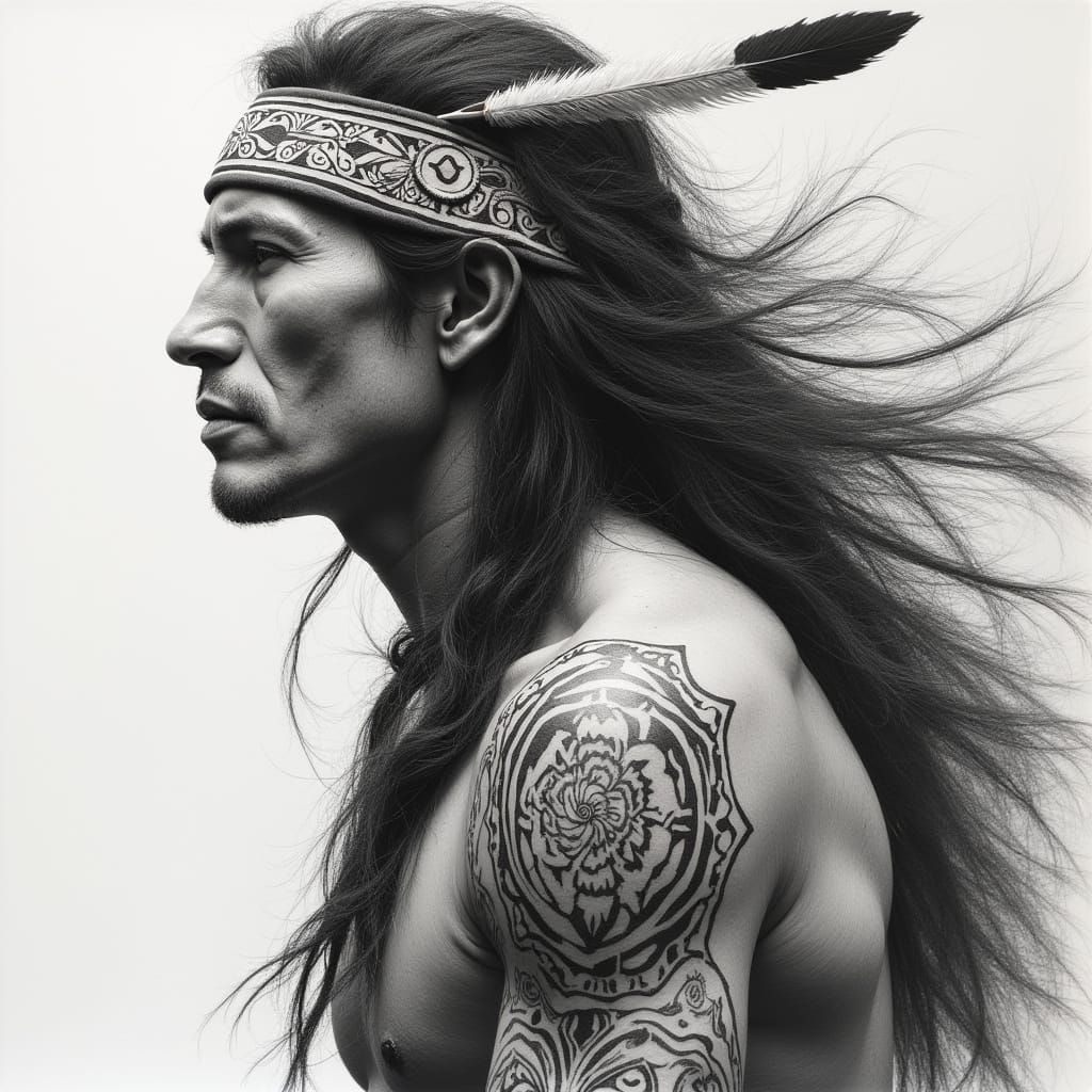 Native American Warrior Tattoo in Charcoal Style