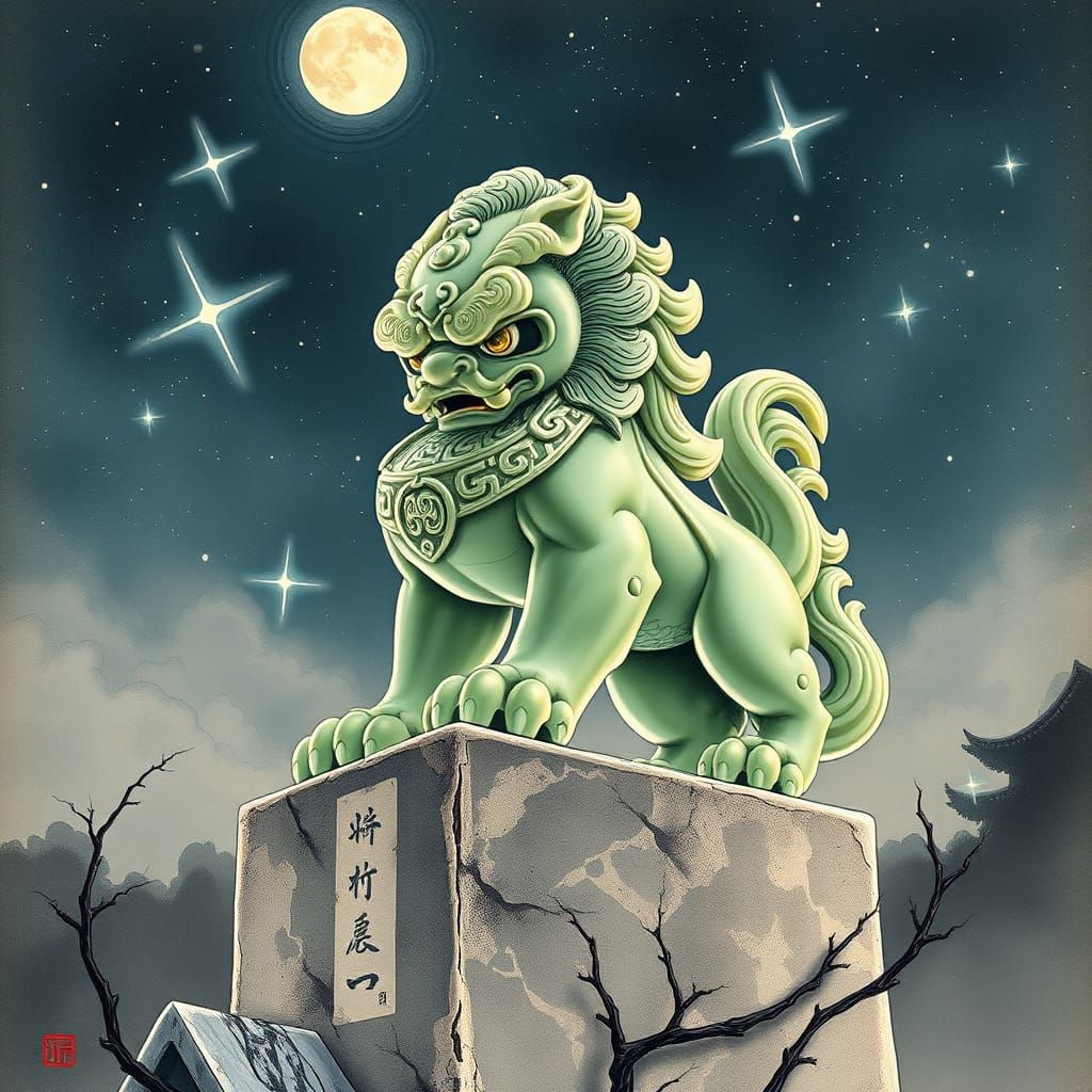 Jade Fu Dog Under Starry Night Sky