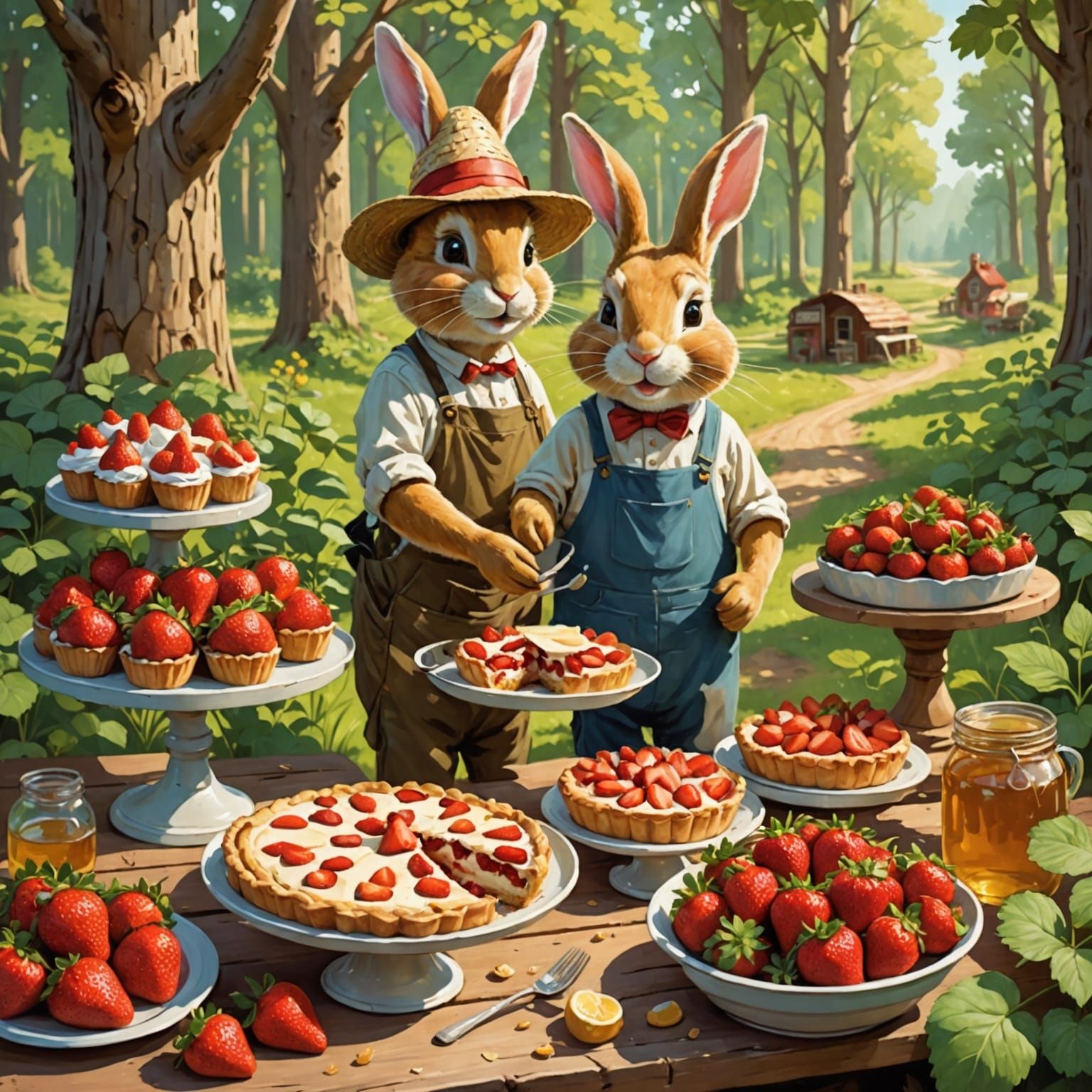 Whimsical Farmstand with Bunny and Strawberries