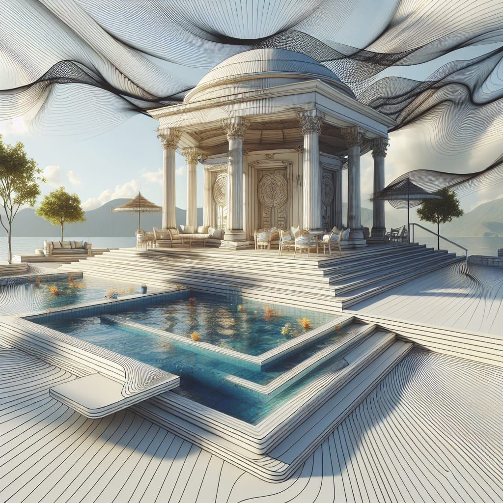 Modern Greek Pavilion with Warped Lines in 8K