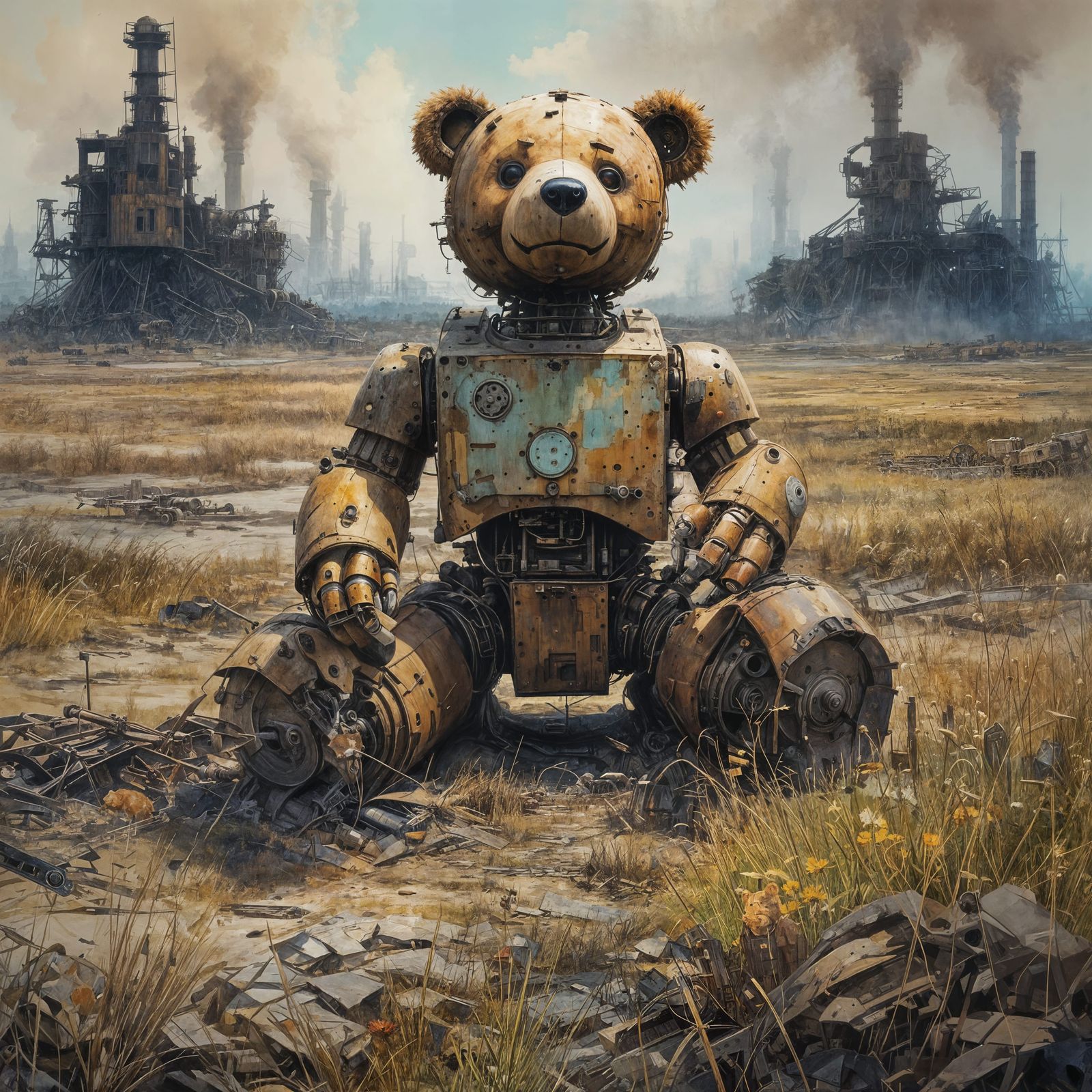Dystopian Teddy Bear Robot in Gouache Style