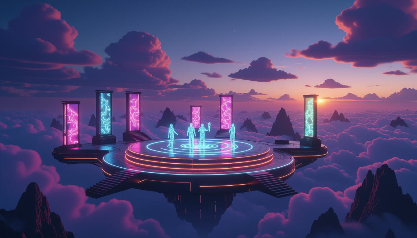 Floating Neon Amphitheater on Sky Islands at Twilight