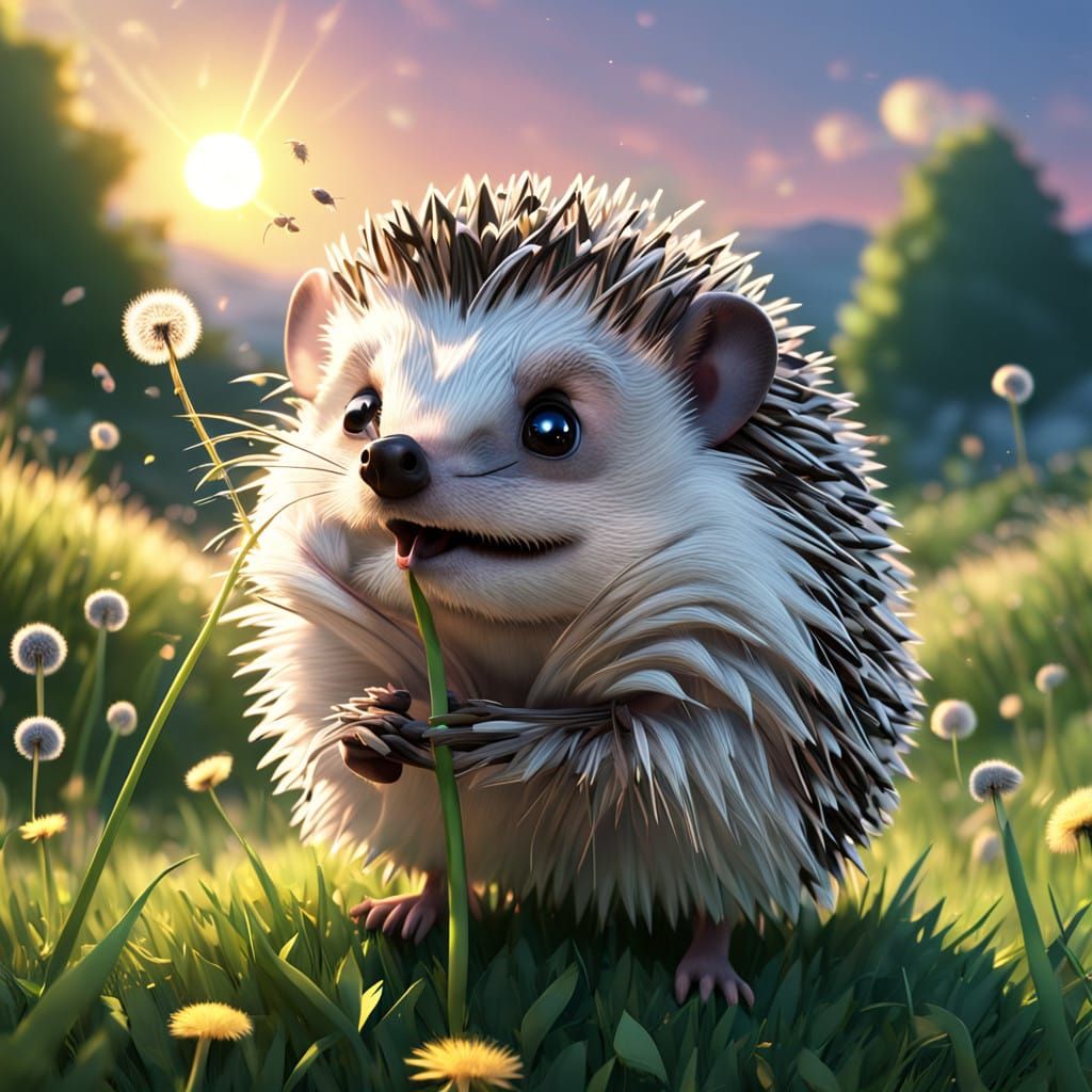 A tiny hedgehog perched on a grassy hill blows on a dandelion, the seeds floating into a pastel sunset sky. Pixar, Disne...