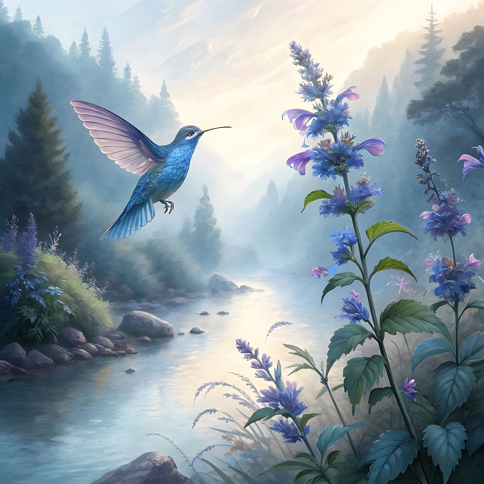 Blue Hummingbird at Catmint Flower Watercolor