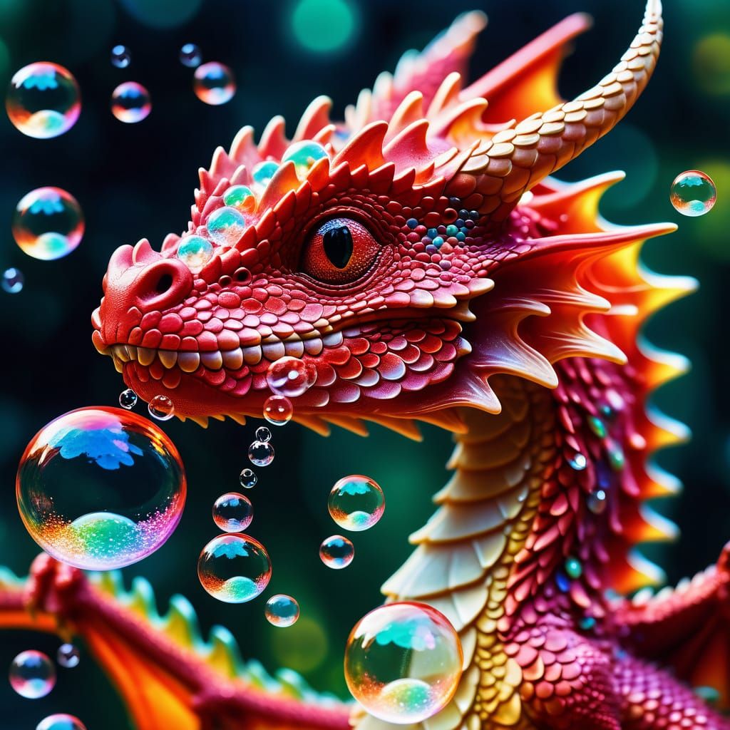 Baby Dragon Blowing Bubbles in Fantasy Art
