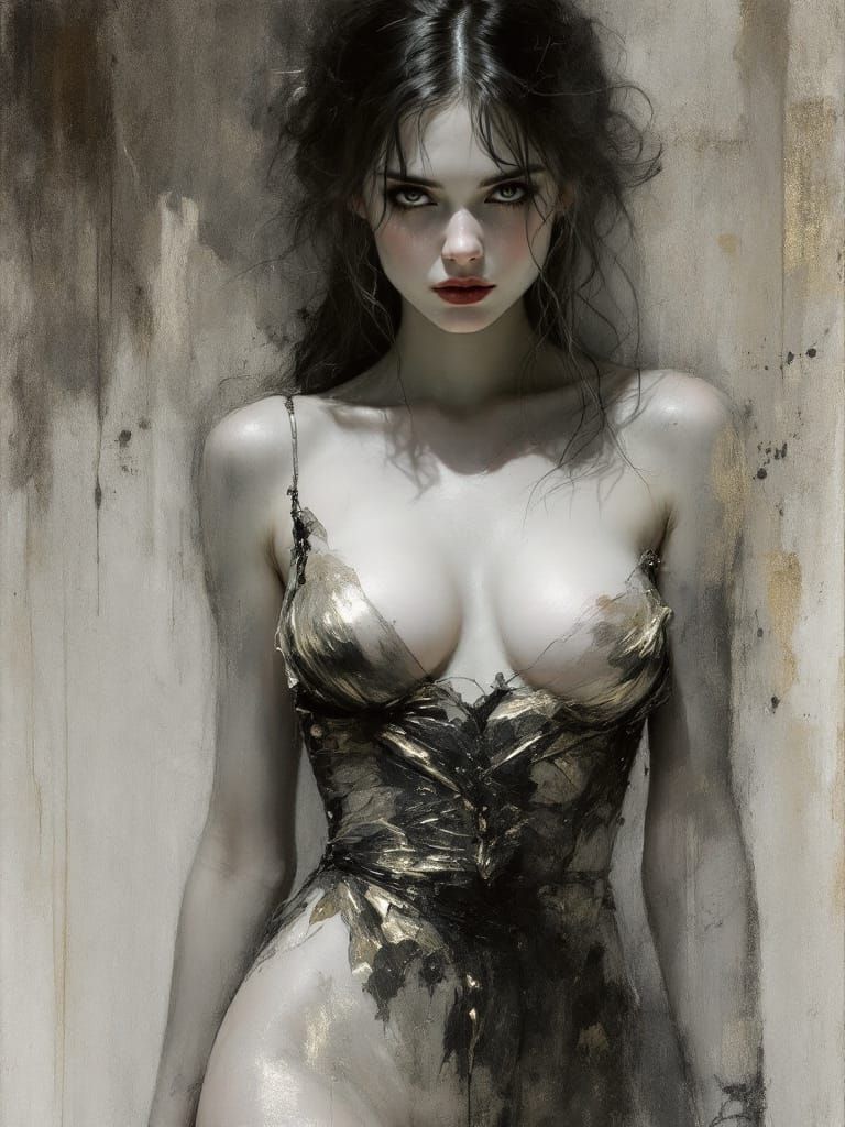 Gothic Pin-Up in Metallic Dress, Luminous Monochrome