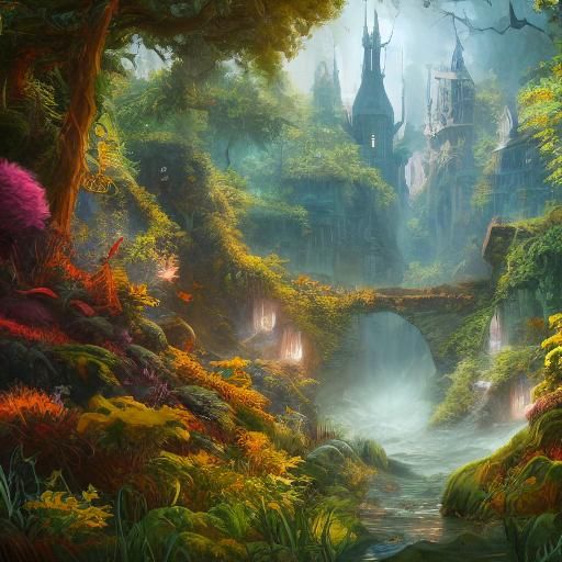 Cute Squirrel in Lush Fantasy Forest Illustration