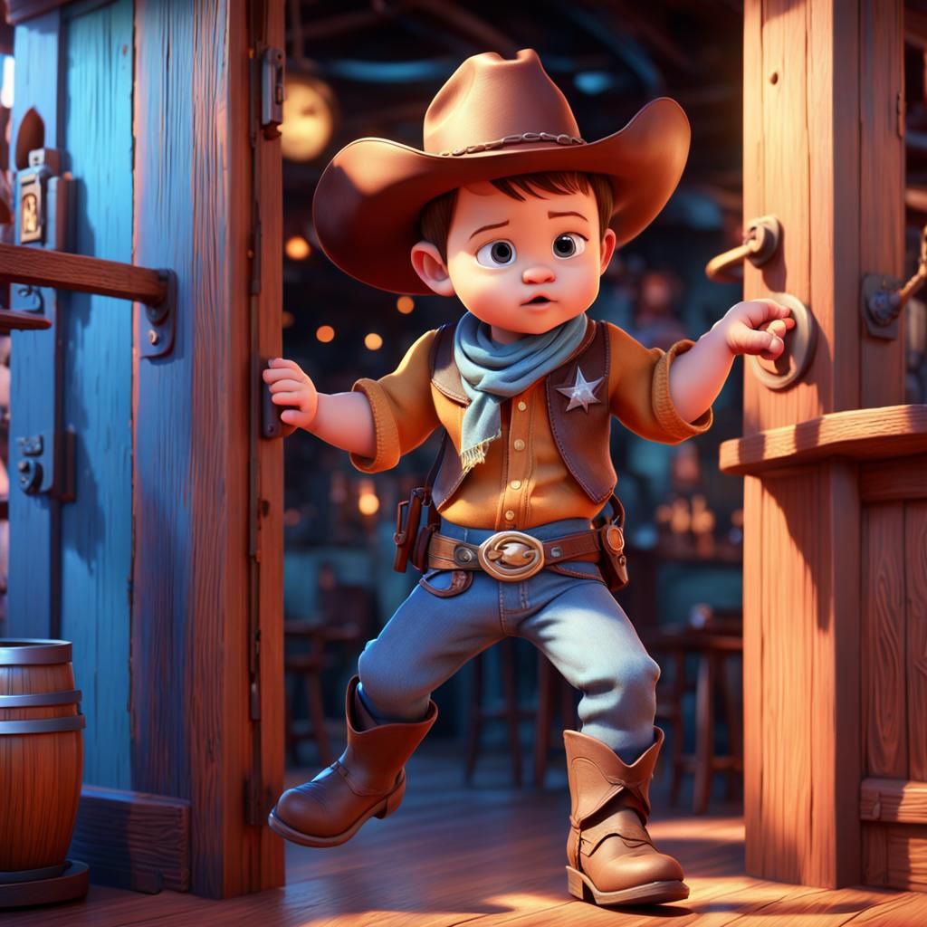 Baby Cowboy Enters Saloon: Pixar-Style 3D Art