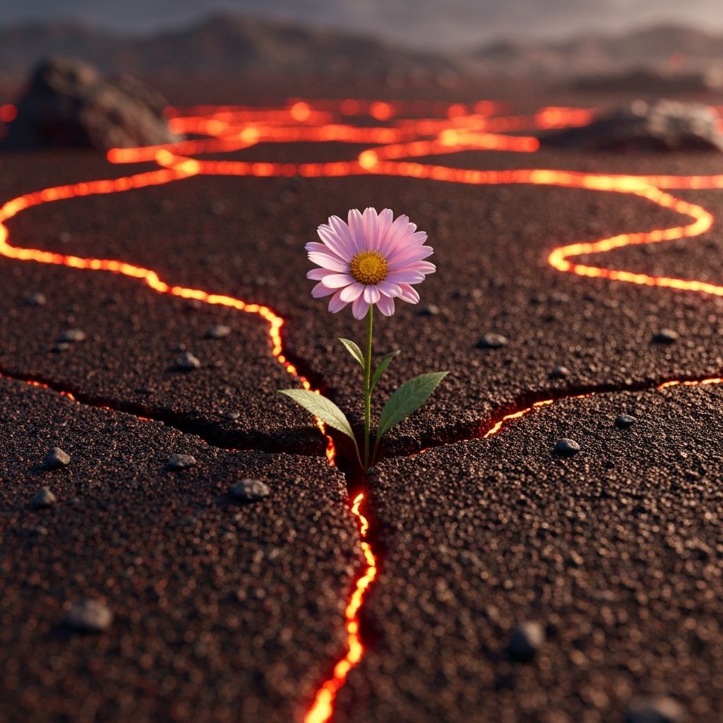 Lone Flower Blooms Amidst Fiery Lava Flow