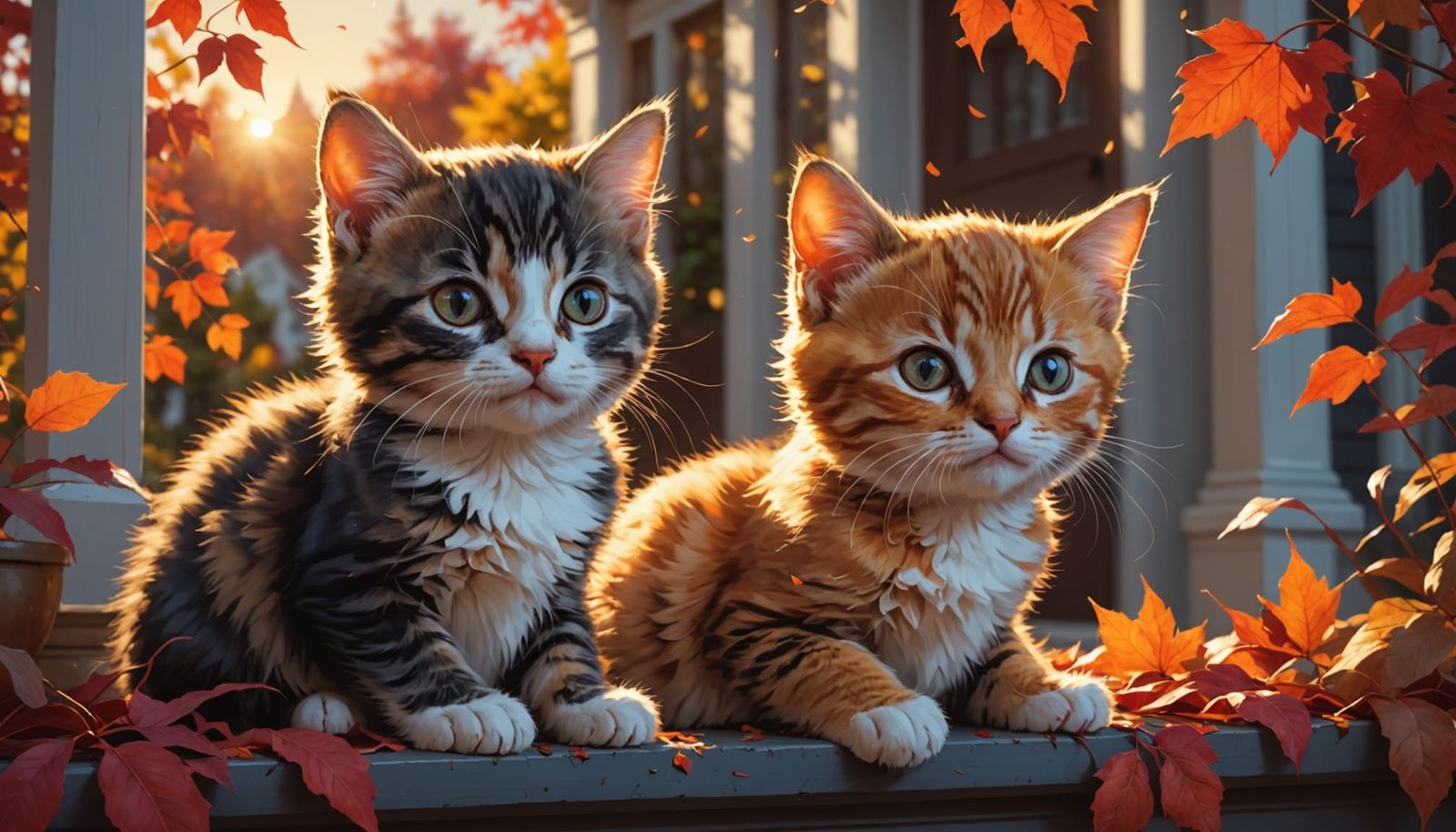 Kittens Playing in Autumn Leaves at Sunset