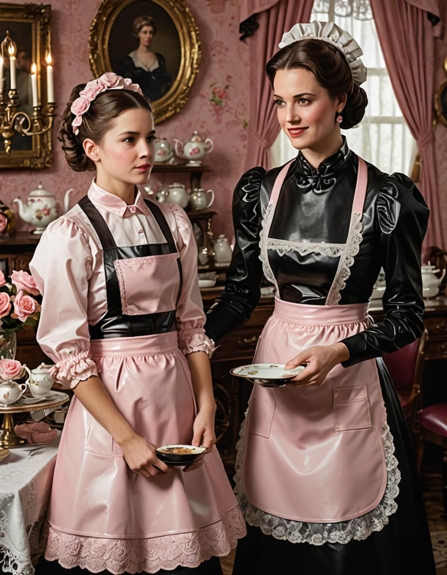 Matching Leather Maid Outfits in Victorian Parlor