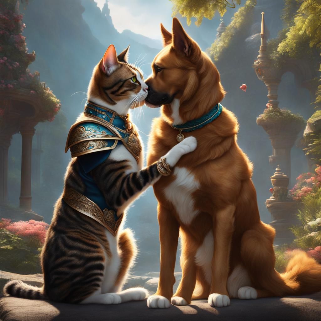 Anthro Cat and Dog Kiss in Detailed Painting